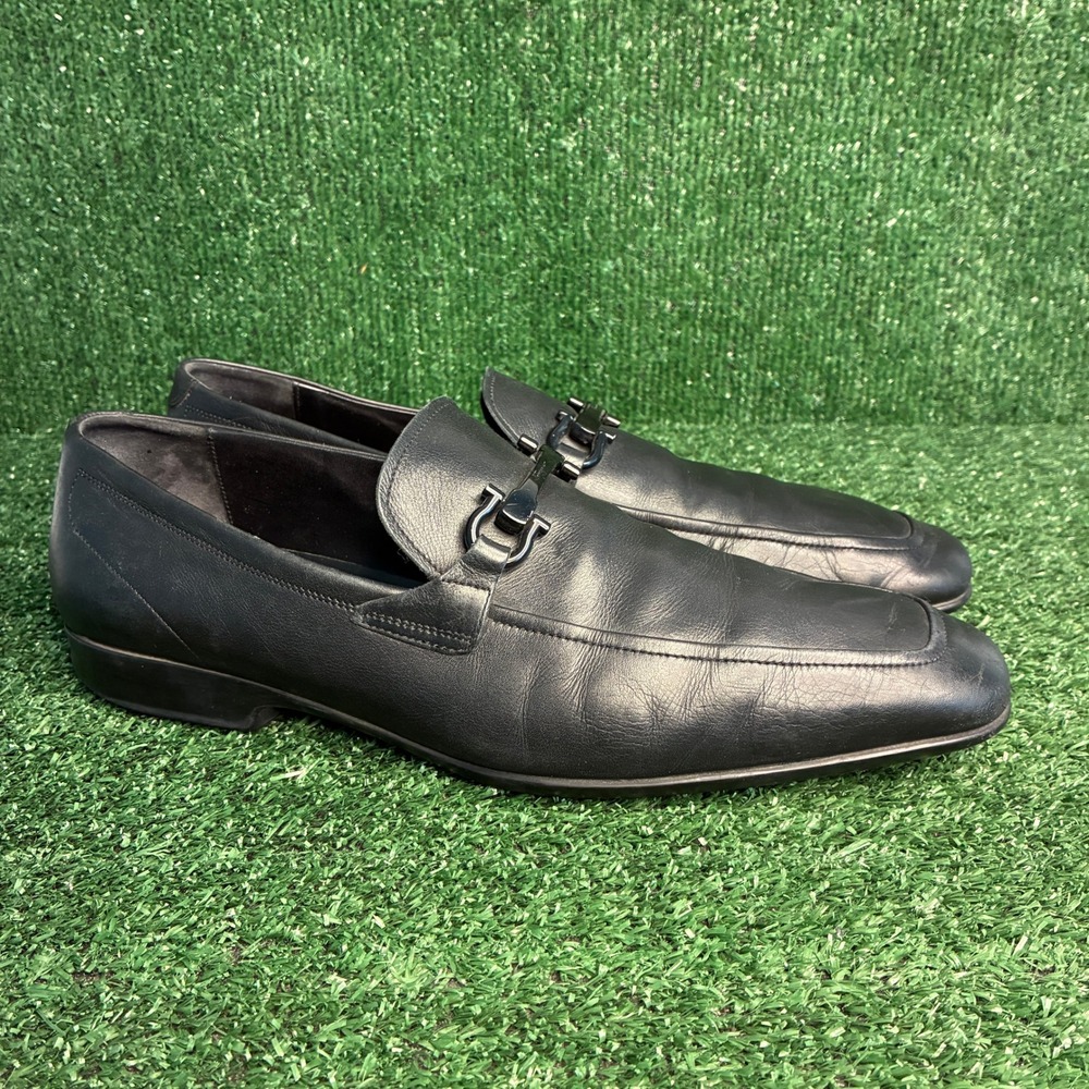 Salvatore Ferragamo Gancini Bit Leather Square Toe Dress Loafers Black Mens 12